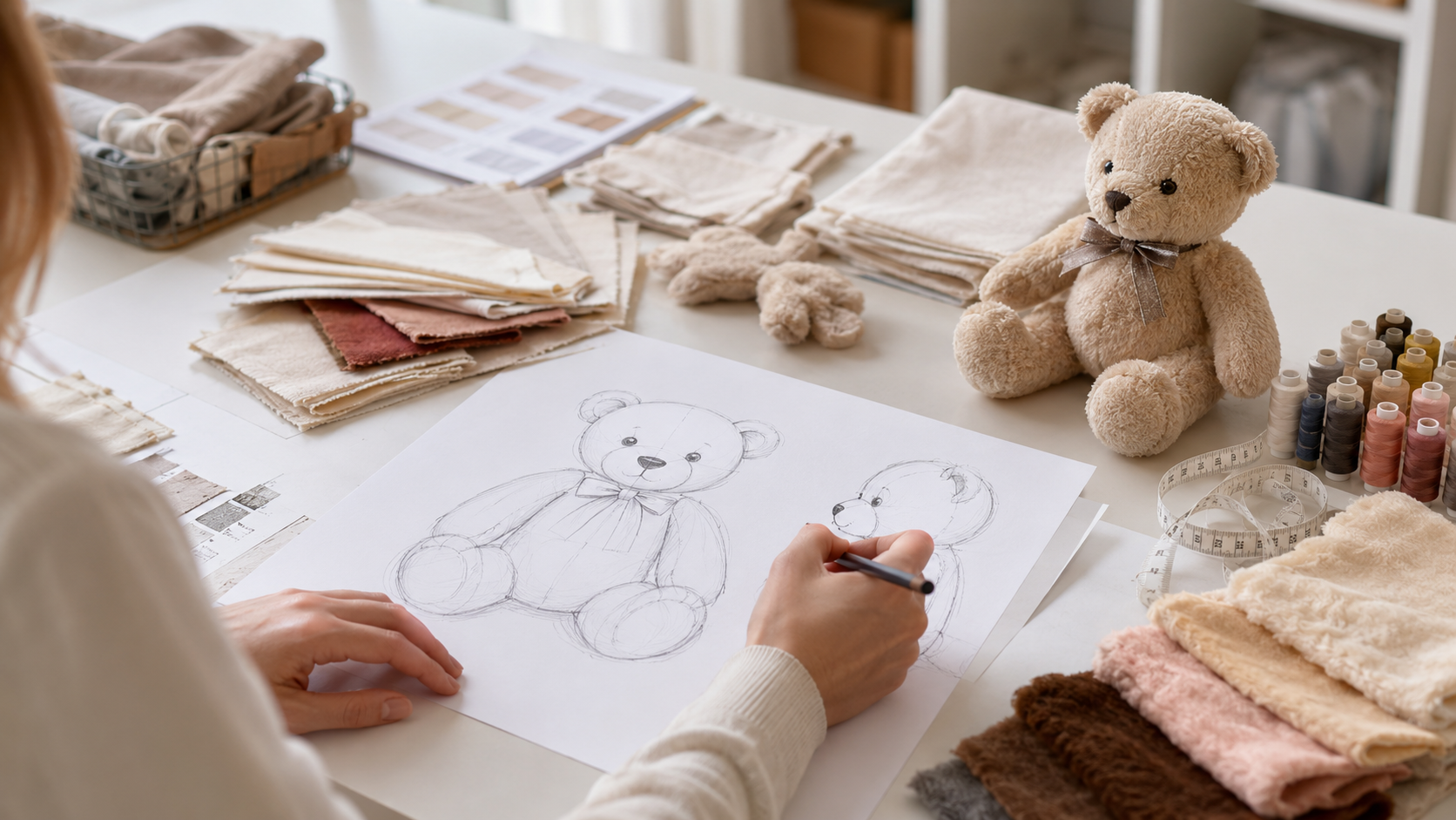 Custom plush sample planning with sketches and fabric choices