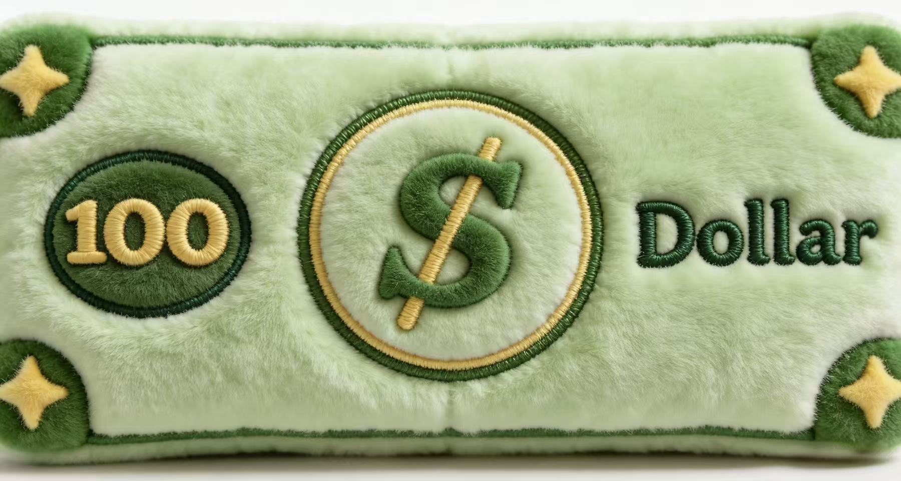 Close-up of money plush texture and embroidery