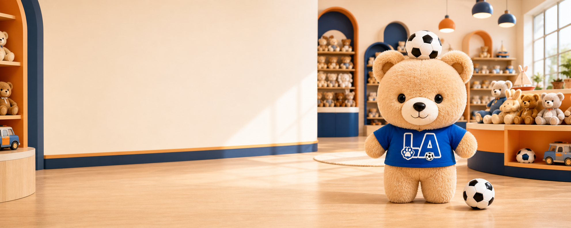 Mokozoo Los Angeles plush bear in a wholesale toy store scene