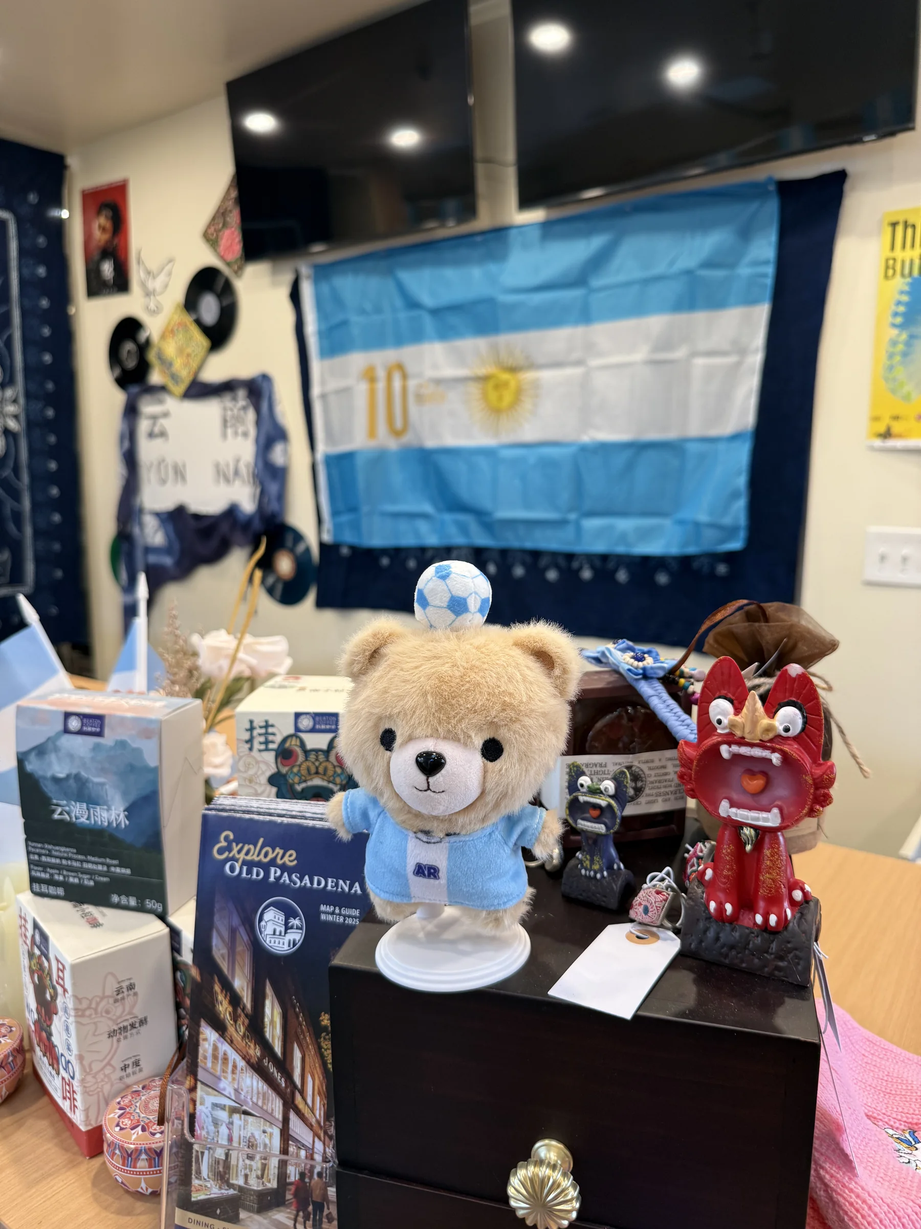 Mokozoo plush bear and character goods displayed at Unicorn Coffee