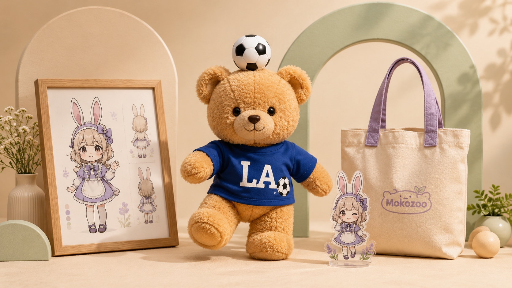 Custom plush doll sample, brand mascot art, tote bag, and launch merch product line